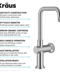 Diagram of Kraus faucet features, emphasizing durability and easy installation. Heavy-duty brass construction, single handle for control.