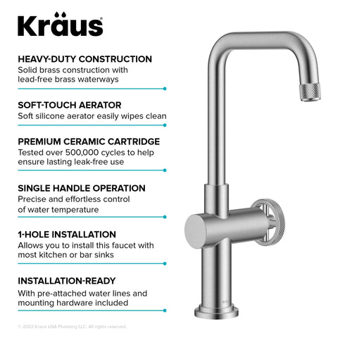 Diagram of Kraus faucet features, emphasizing durability and easy installation. Heavy-duty brass construction, single handle for control.