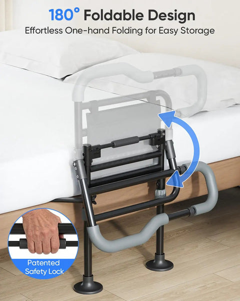 Foldable Bedside Rail For Seniors with 180° folding design, non slip handle, large suction feet, shown against bed