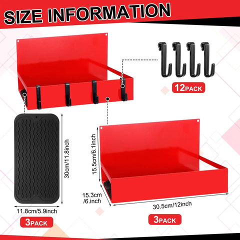 Magnetic Garage Organizer Set Three Pack With Heavy Duty Fridge Shelf Trays And Twelve Hooks, 20 Pound Capacity, Red, shown in dimensions