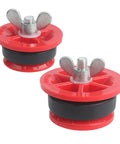 Two red end-of-pipe gripper plugs with black gasket and silver wingnut, 2-pack