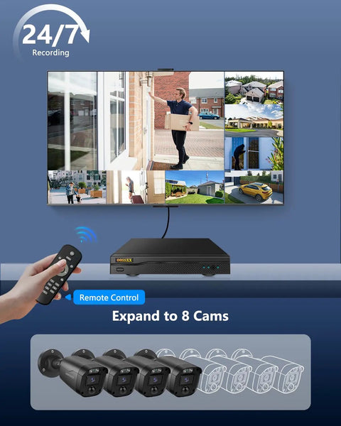 5MP Wired CCTV Camera System With 122 Degree Wide Angle 4 Channel DVR Kit and monitor showcasing remote access features