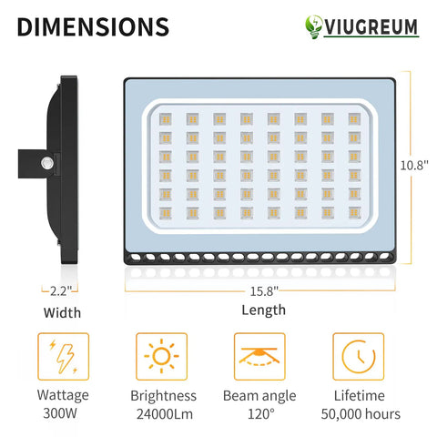 10 Pack LED Flood Lights Outdoor 300W Ultra Bright Security Lighting With IP65 Weatherproof Rating For Yard And Barn dimensions illustration showing size details.
