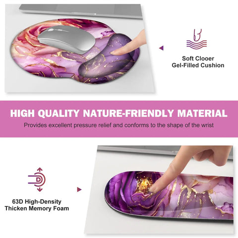 Ultra Large Gaming Mouse Pad Desk Mat With 4 In 1 Ergonomic Wrist Rests And Coaster Set XXL Keyboard Wrist Rest Mouse Pad Combo For Home Office Marble Rose Purple Flowers Design showing gel-filled wrist rest with finger pointing at memory foam