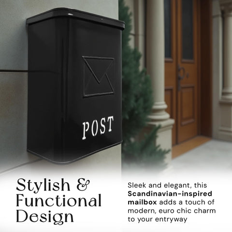 Classic London Style Wall Mount Mailbox In Black Matte Finish Outdoor Front Door Mailbox Weather Resistant Covered Mailbox For Outside Wall 9.5 x 4.72 x 14.96 Inches Old School Charm For Modern Homes, mounted on exterior wall next to brown door.