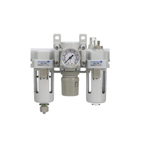 All In One Pneumatic Filter Regulator Lubricator Combo Three Eighth Inch NPT With Poly Bowl Manual Drain Gauge And Mounting Bracket