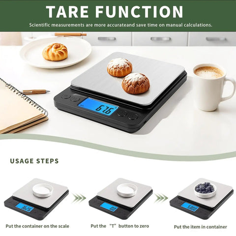 Digital Kitchen Scale For Cooking And Baking, 5Kg Capacity, 0.1g Precision, showing tare function and ingredients on trays.