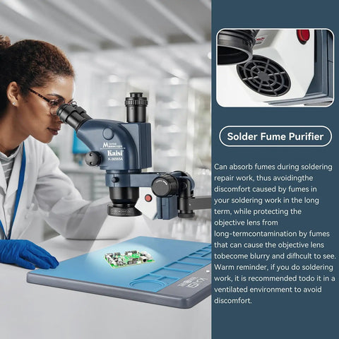 Pro Grade Trinocular Stereo Microscope For Watch Repair Soldering And PCB Work With Six Point Five To Sixty Five Times Continuous Zoom And Telescopic Stand Great For Jewelry Inlay Engraving And Fine Detail Cleaning And Inspection, with solder fume purifier