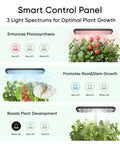 Smart control panel of indoor hydroponic garden system with LED grow lights, showcasing plant growth stages and light spectrum use.