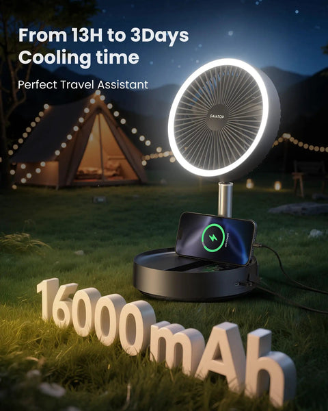Portable Pedestal Fan With 16000mAh Battery, Up To 74 Hours Runtime, Foldable Oscillating Desk Fan at night campsite view
