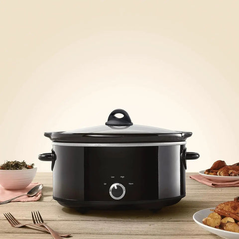 Black slow cooker with Pot Lid Knob Replacement For Crockpot And Slow Cooker Lids, Bakelite Handle on a wooden table