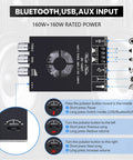 2.0 Channel Bluetooth 5.0 Power Amplifier Board With Dual TDA7498E Chips, 160W Per Channel features and controls diagram