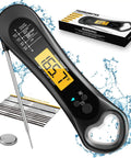 Digital Meat Thermometer With 3 Second Instant Read Temperature Range From 58 Below To 572 Fahrenheit Backlit LCD Calibration Button Includes Bottle Opener A Handy Kitchen Gadget For Grilling BBQ Turkey Candy And Liquids with packaging and splash effect.