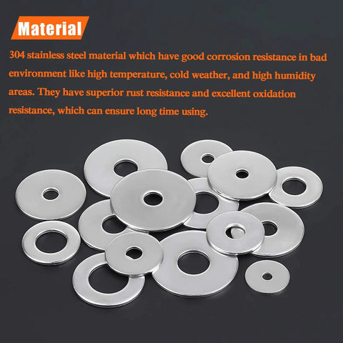 Front view: 50-pack stainless steel 304 flat washers, 1 in outer diameter, 5/16 in hole, 0.055 in thick.