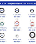 Image showing the 60 PCS A/C Compressor Port Seal Washer Kit with various sizes and labels, part of the All In One Car AC Compressor Gasket Seal Kit With O Rings Dust Caps Valve Cores And Remover Tool For R12 R134a Refrigerant Maintenance Includes 60 Gasket Seals 270 O Rings In 18 Sizes 80 Dust Caps And 39 Valve Cores.
