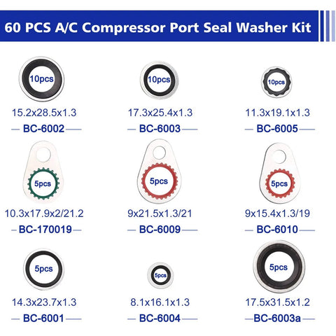 Image showing the 60 PCS A/C Compressor Port Seal Washer Kit with various sizes and labels, part of the All In One Car AC Compressor Gasket Seal Kit With O Rings Dust Caps Valve Cores And Remover Tool For R12 R134a Refrigerant Maintenance Includes 60 Gasket Seals 270 O Rings In 18 Sizes 80 Dust Caps And 39 Valve Cores.