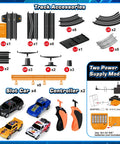 Action Packed High Speed Slot Car Race Track Set with track pieces, four cars, two controllers, and dual power modes for kids ages 6 to 12.