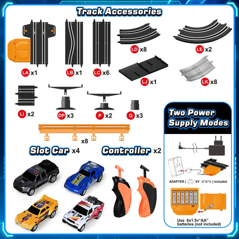 Action Packed High Speed Slot Car Race Track Set with track pieces, four cars, two controllers, and dual power modes for kids ages 6 to 12.
