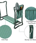 Versatile Garden Kneeler And Seat Foldable Bench with tool pouch, EVA kneeling pad, and sturdy iron frame for easy weeding.