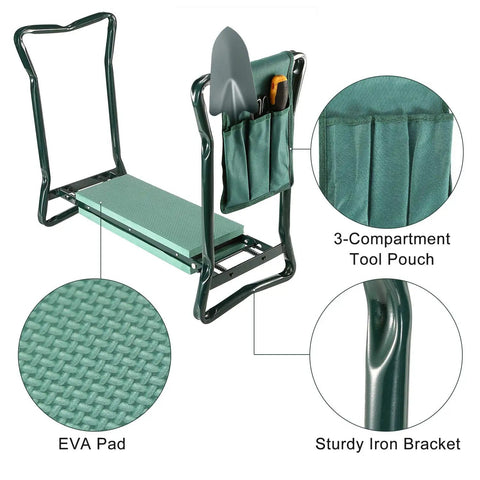 Versatile Garden Kneeler And Seat Foldable Bench with tool pouch, EVA kneeling pad, and sturdy iron frame for easy weeding.