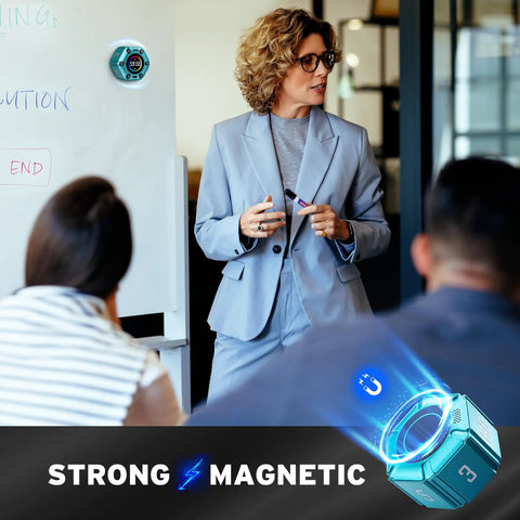 Magnetic Visual Timer With Flip Countdown And Silent Alarm for work study and kitchen on whiteboard during a meeting, turquoise finish.