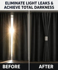 Heavy Duty Magnetic Curtain Clips For Blackout Windows With Beefy Adhesive Backing No Drill Hassle For Bedroom Office Or Bath Sweet Upgrade To Total Darkness And Snug Privacy Vibe before and after showing light blockage.