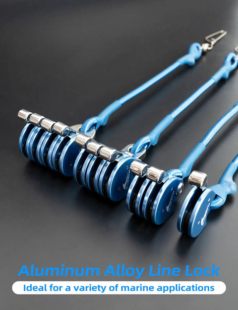Beefy Offshore Outrigger Line Lock Pulley With Triple Aluminum Alloy Body And Stainless Steel Snap Swivel displayed on a black surface