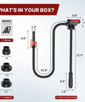 Image of Cordless Fuel Transfer Pump With Auto Stop, No Spill, 3.2 GPM, Portable Battery Powered Unit, showing dimensions and included adapters.