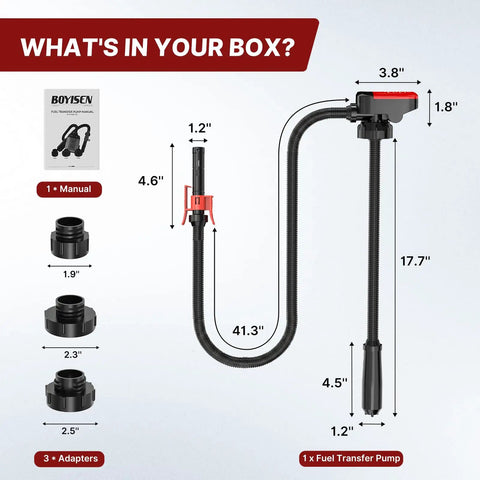 Image of Cordless Fuel Transfer Pump With Auto Stop, No Spill, 3.2 GPM, Portable Battery Powered Unit, showing dimensions and included adapters.