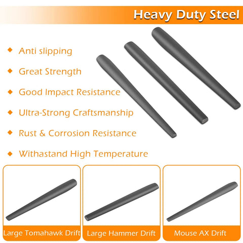 Eye Drift Tool Set For Smithing And Knife Making, 3 Piece Forging Kit with hammer, tomahawk, and mouse axe drifts shown