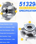 Front Wheel Hub Bearing Assembly Fits Nissan Rogue 2008-2013, Rogue Select 2014-2015, And Sentra 2007-2012 Front FWD And AWD With ABS 5 Lug Drop In OE Replacement 513298 with specifications and dimensions displayed