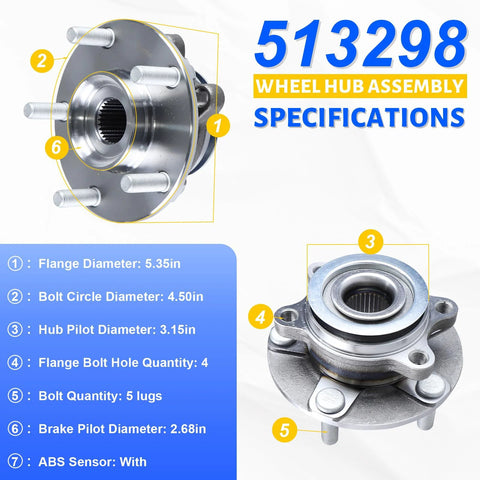 Front Wheel Hub Bearing Assembly Fits Nissan Rogue 2008-2013, Rogue Select 2014-2015, And Sentra 2007-2012 Front FWD And AWD With ABS 5 Lug Drop In OE Replacement 513298 with specifications and dimensions displayed