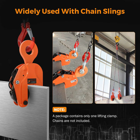 Orange BEAMNOVA 2-Ton vertical plate lifting clamp gripping a steel plate; front, side, and installed views.