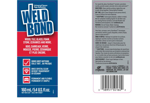 Front and back of Weldbond glue packaging showing Multi Surface Strong Glue That Dries Fast For Wood Tile Ceramic Glass Pottery And Crafts.