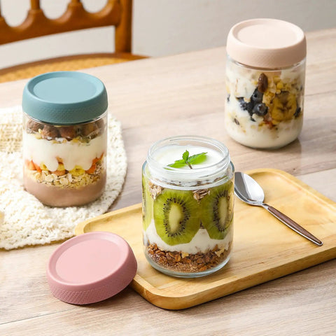 Six Pack 16 Oz Glass Jars With Airtight Lids For Overnight Oats, Snacks And Meal Prep, shown with layered yogurt and fruit