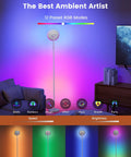 RGB Floor Lamp With Remote And Touch Control Dimmable 2700K To 6500K Torchiere Tall Standing Lamp For Living Room And Office 12 Color Modes And Dynamic Brightness Create The Perfect Vibe Atmosphere, showcasing vibrant lighting effects in a living room setting.
