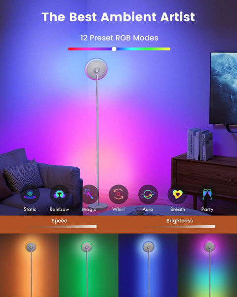 RGB Floor Lamp With Remote And Touch Control Dimmable 2700K To 6500K Torchiere Tall Standing Lamp For Living Room And Office 12 Color Modes And Dynamic Brightness Create The Perfect Vibe Atmosphere, showcasing vibrant lighting effects in a living room setting.