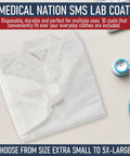 Disposable White Lab Coat With Pockets Knee Length For Men And Women Unisex Medical Wear folded on a table with stethoscope.