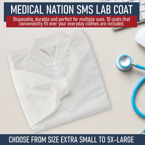 Disposable White Lab Coat With Pockets Knee Length For Men And Women Unisex Medical Wear folded on a table with stethoscope.