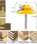 Heavy Duty 45 Degree Lock Miter Router Bit Set With Quarter Inch Shank And Auto Center Punch For Cabinet Building, 2" size, high-speed steel.