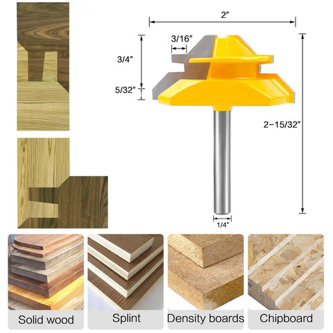 Heavy Duty 45 Degree Lock Miter Router Bit Set With Quarter Inch Shank And Auto Center Punch For Cabinet Building, 2" size, high-speed steel.