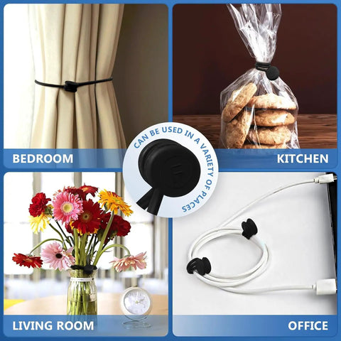 Cord Organizer And Cable Ties Set With Super Handy Magnetic Clips in use in bedroom, kitchen, living room, and office settings