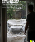 Disposable Patio Sofa Rain Cover protects outdoor furniture during rain, showcasing clear plastic over a sofa and table.