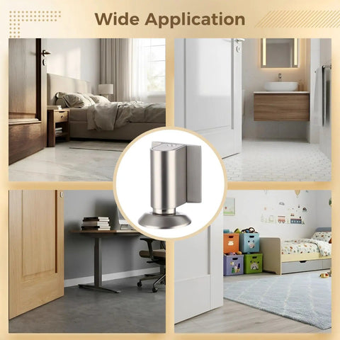 Heavy Duty Brushed Nickel Door Stopper Set For Home And Office Holds Firmly Without Drilling Screws Or Stickers Included in various rooms.
