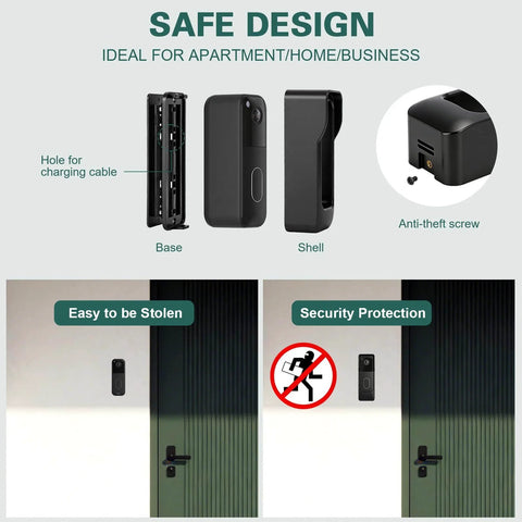 Adjustable 45 Degree Wall Mount Bracket For 2025 Video Doorbell Gen 2 with Weather Cover showing installation options and security features in black.