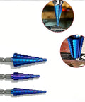 Built Tough 3 Piece Titanium Coated HSS Step Drill Bit Set making precision drilling with blue coated bits for metal and wood.