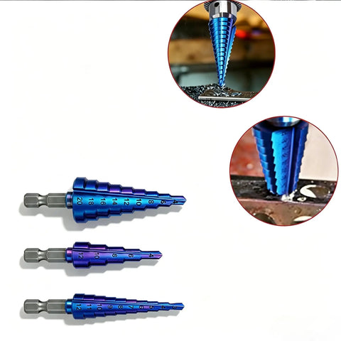 Built Tough 3 Piece Titanium Coated HSS Step Drill Bit Set making precision drilling with blue coated bits for metal and wood.