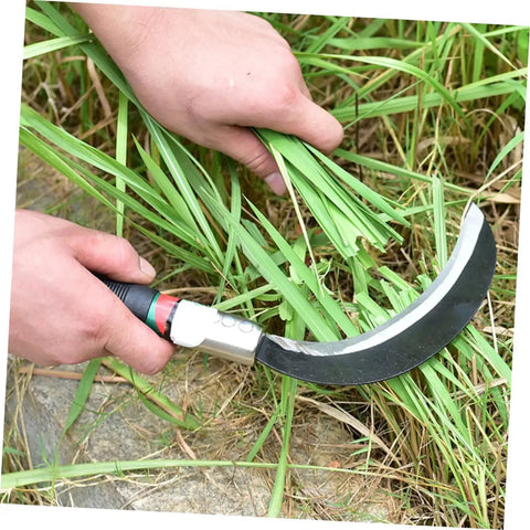 Person using Short Handle Manganese Steel Garden Weeding Sickle Tool Two Piece Set For Grass And Weeds Harvesting Durable Lightweight Chopping Tool For Outdoor Gardening And Grab And Go Yard Work to cut grass