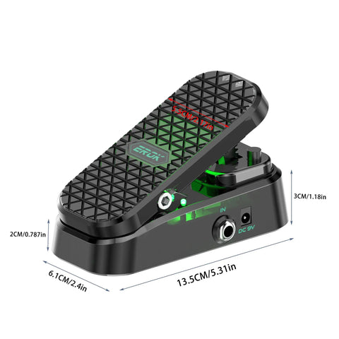 Two In One Wah And Volume Pedal For Electric Guitar With Custom RM Type Shielded Inductor And Pure Analog Tone Active Volume Control Compact Gig Ready 23 Degree Stroke Power Adapter Not Included, angled view with dimensions.