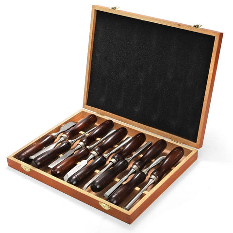 12 Piece Wood Chisel Set With Wooden Box Carving Tools For Woodworking CRV Steel Blades And Premium Wood Handles in open box